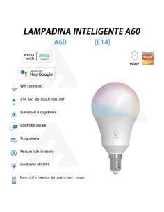 Lampadina Intelligente A60, E14, 8W, Smart Alexa Google, RGB 2