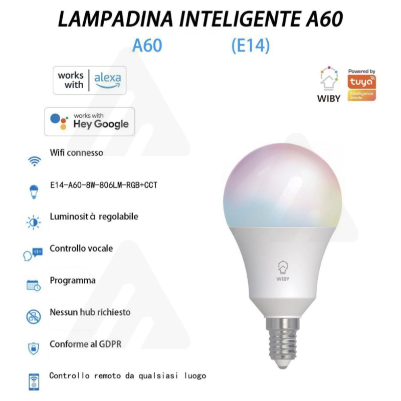 Lampadina Intelligente A60, E14, 8W, Smart...