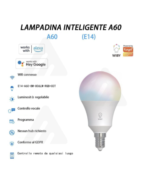 Lampadina Intelligente A60, E14, 8W, Smart Alexa Google, RGB
