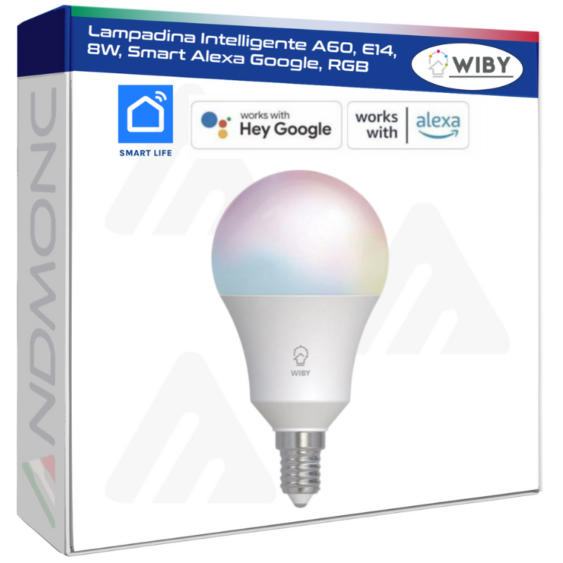 Lampadina Intelligente A60, E14, 8W, Smart Alexa Google, RGB