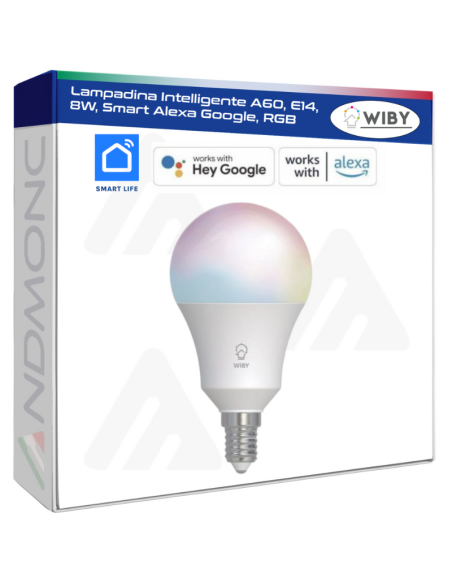 Lampadina Intelligente A60, E14, 8W, Smart Alexa Google, RGB