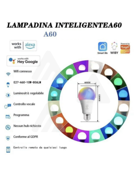 Lampadina Intelligente A60, 10W, RGB, E27, Smart Google Alexa