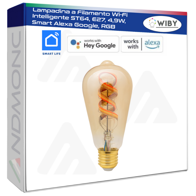 Lampadina a Filamento Wi-Fi Intelligente ST64, E27, 4,9W, Smart Alexa Google, RGB