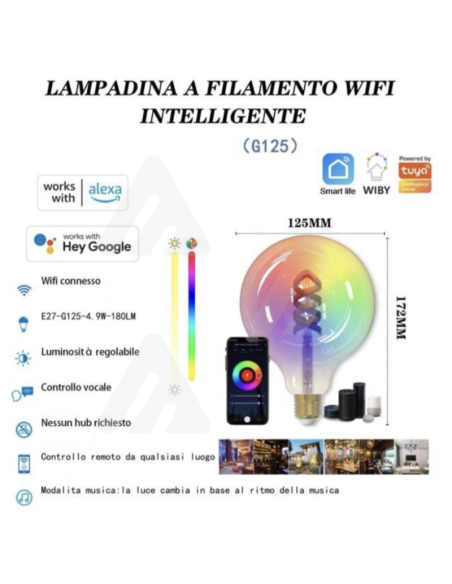 Lampadina a filamento Wi-Fi Intelligente, RGB, 4,9W, E27, Smart Alexa Google