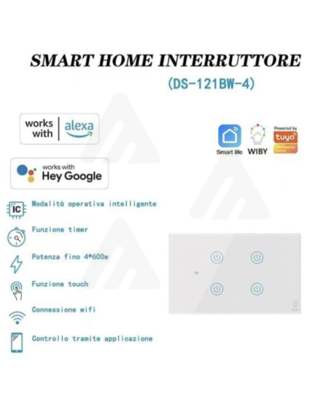 Smart Home Interruttore 4 Pulsanti, Alexa Google, Touch, Wi-Fi