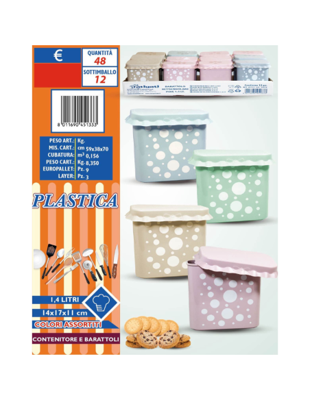 Barattolo 1.4L Plastica 14x17x11cm Vari Colori