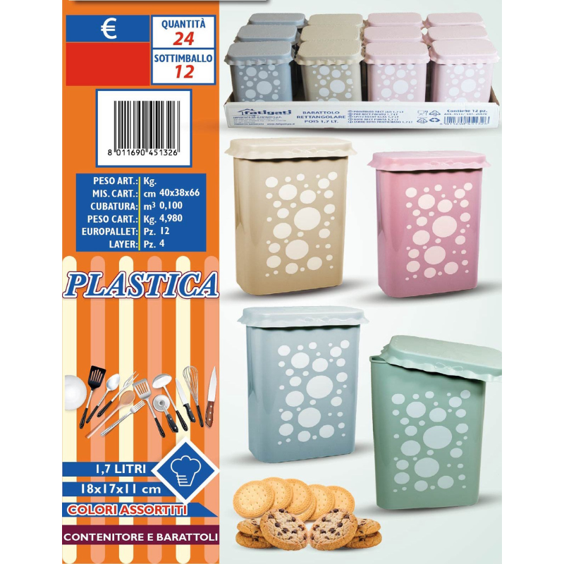 Barattolo 1.7L 18x17x11cm Plastica, Vari Colori