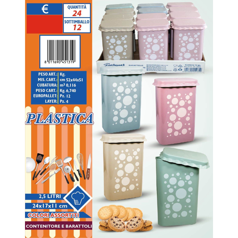Barattolo 2.5L 24x17x11cm, Plastica, Vari Colori