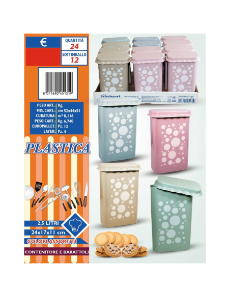 Barattolo 2.5L 24x17x11cm, Plastica, Vari Colori