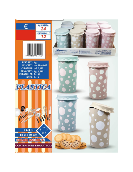 Barattolo Rotondo 1L, 18x10cm Diametro, Plastica, Vari Colori