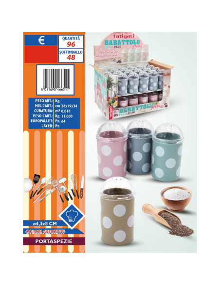 Barattolo Dispenser sale e pepe, Porta spezie, Vari Colori, 4,3x8cm