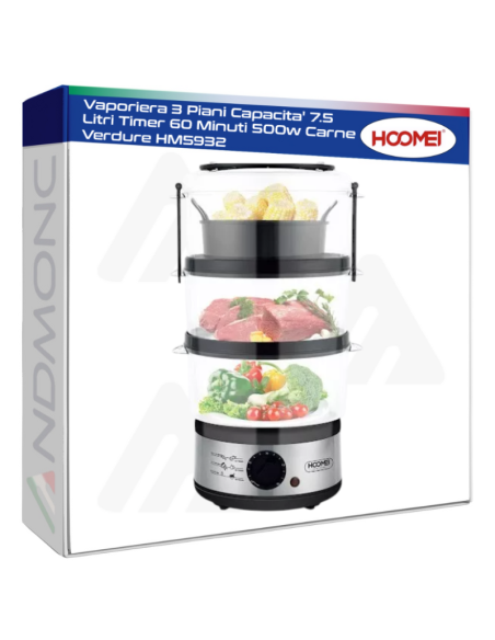 Vaporiera 3 Piani Capacita' 7.5 Litri Timer 60 Minuti 500w Carne Verdure HM5932