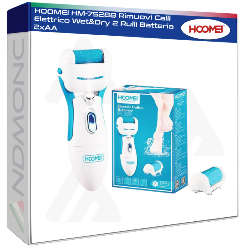 HOOMEI HM-7528B Rimuovi Calli Elettrico Wet&Dry 2 Rulli Batteria 2xAA