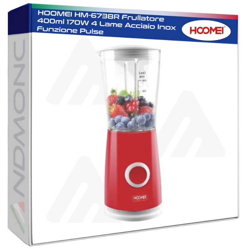 HOOMEI HM-6738R Frullatore 400ml 170W 4 Lame Acciaio Inox Funzione Pulse