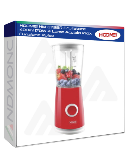 HOOMEI HM-6738R Frullatore 400ml 170W 4 Lame Acciaio Inox Funzione Pulse