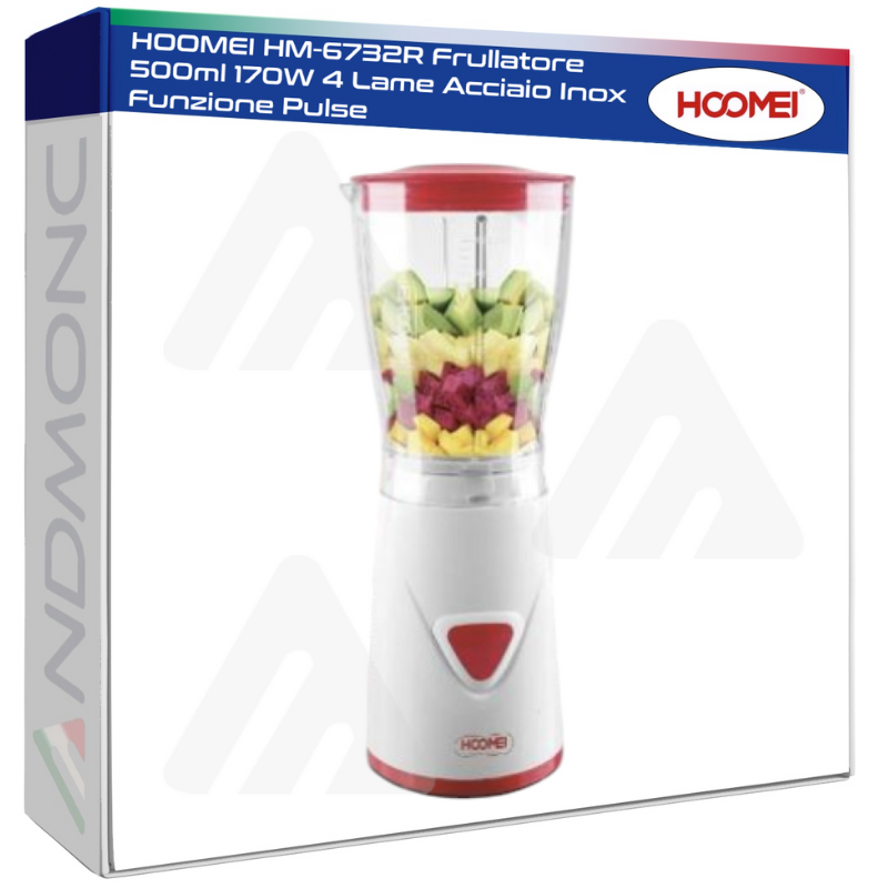 HOOMEI HM-6732R Frullatore 500ml 170W 4 Lame Acciaio Inox Funzione Pulse
