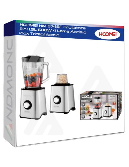 HOOMEI HM-6745F Frullatore 2in1 1.5L 600W 4 Lame Acciaio Inox Tritaghiaccio