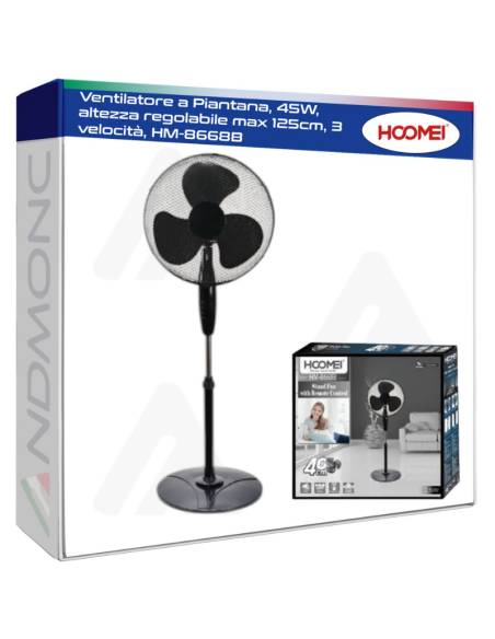 Ventilatore a Piantana, 45W, altezza regolabile max 125cm, 3 velocità, HM-8668B
