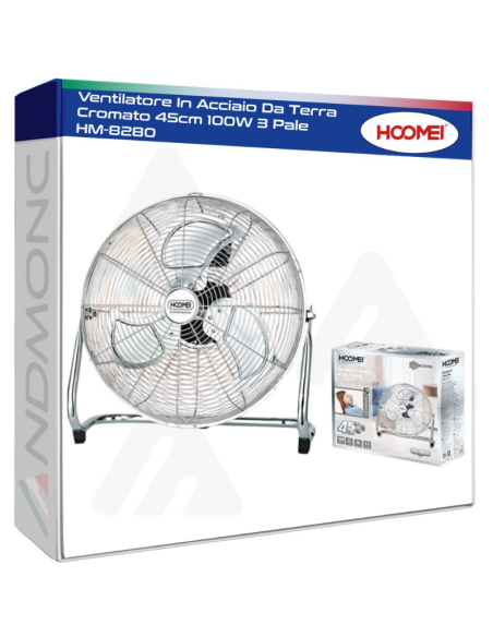 Ventilatore In Acciaio Da Terra Cromato 45cm 100W 3 Pale HM-8280