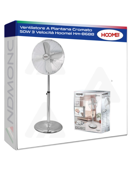 Ventilatore A Piantana Cromato 50W 3 Velocità Hoomei Hm-8688