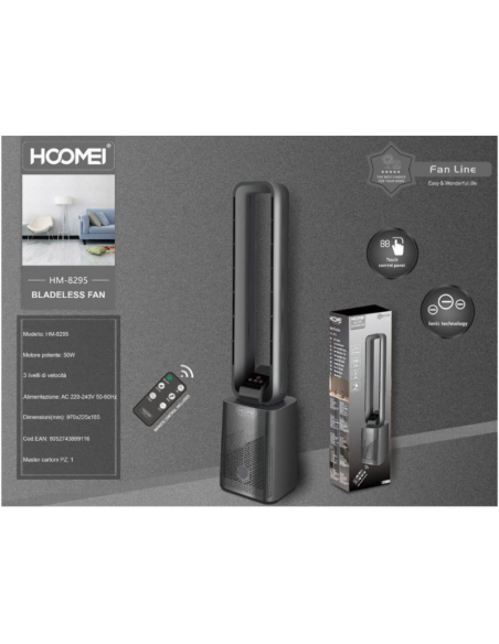 Ventilatore a Torre Senza Pale Touch Control Telecomando Ioni Timer 50W HM-8295
