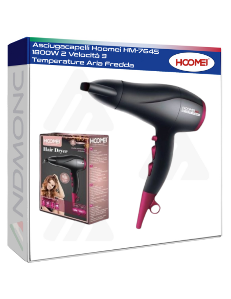 Asciugacapelli Hoomei HM-7645 1800W 2 Velocità 3 Temperature Aria Fredda