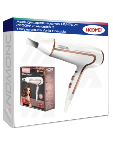 Asciugacapelli Hoomei HM-7675 2200W 2 Velocità 3 Temperature Aria Fredda