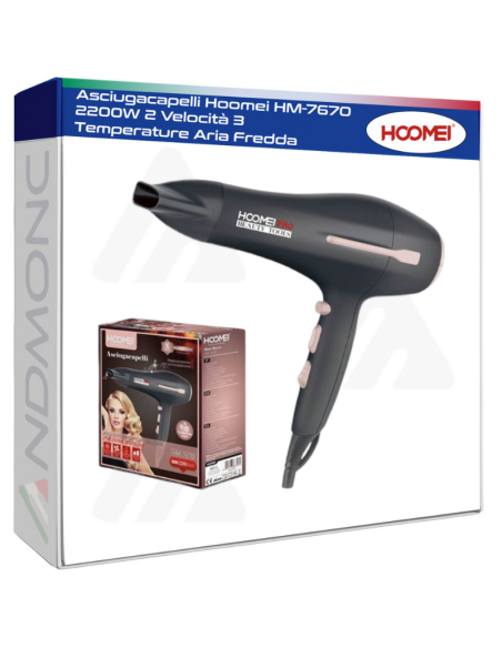Asciugacapelli Hoomei HM-7670 2200W 2 Velocità 3 Temperature Aria Fredda