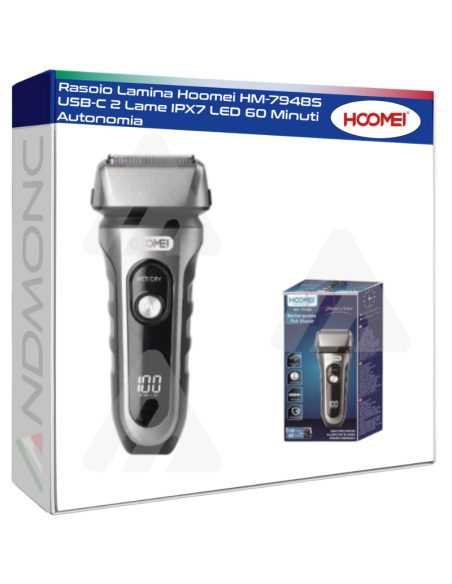 Rasoio Lamina Hoomei HM-7948S USB-C 2 Lame IPX7 LED 60 Minuti Autonomia