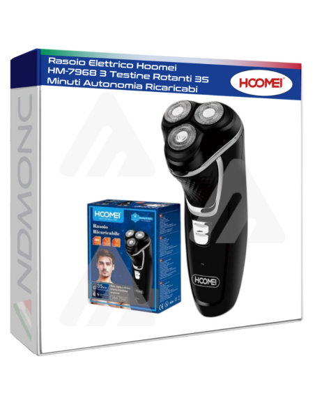 Rasoio Elettrico Hoomei HM-7968 3 Testine Rotanti 35 Minuti Autonomia Ricaricabi