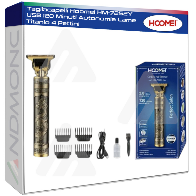Tagliacapelli Hoomei HM-7252Y USB 120 Minuti Autonomia Lame Titanio 4 Pettini