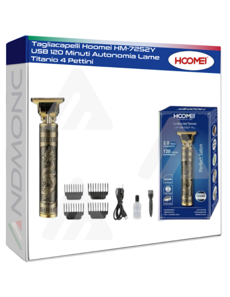 Tagliacapelli Hoomei HM-7252Y USB 120 Minuti Autonomia Lame Titanio 4 Pettini