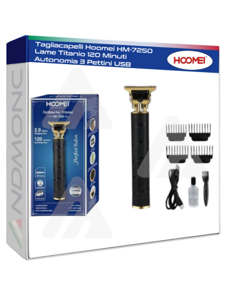 Tagliacapelli Hoomei HM-7250 Lame Titanio 120 Minuti Autonomia 3 Pettini USB