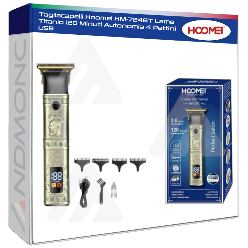 Tagliacapelli Hoomei HM-7248T Lame Titanio 120 Minuti Autonomia 4 Pettini USB