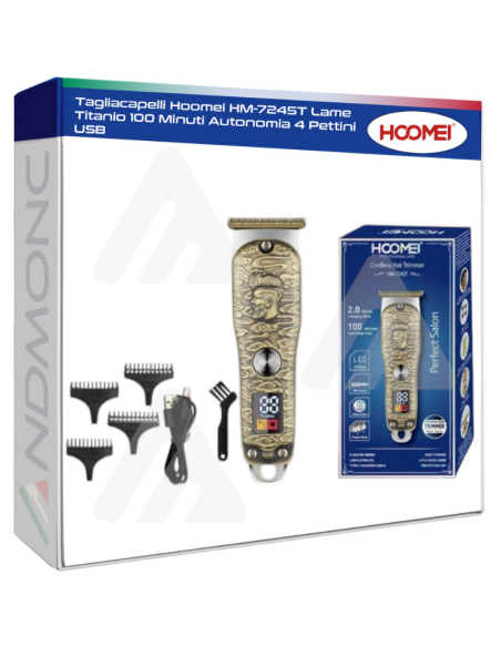 Tagliacapelli Hoomei HM-7245T Lame Titanio 100 Minuti Autonomia 4 Pettini USB