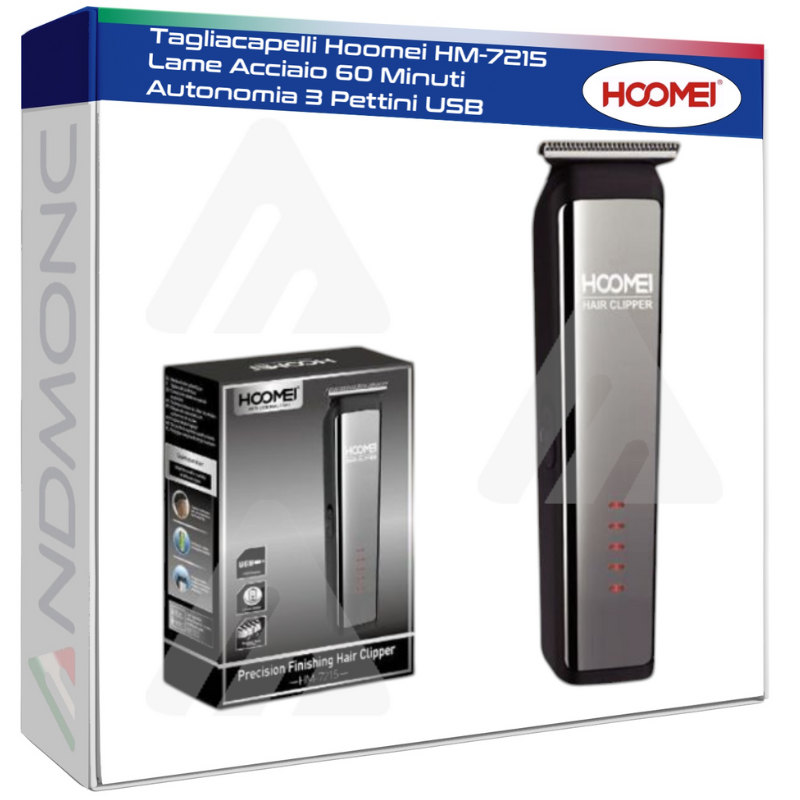 Tagliacapelli Hoomei HM-7215 Lame Acciaio 60 Minuti Autonomia 3 Pettini USB