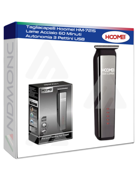 Tagliacapelli Hoomei HM-7215 Lame Acciaio 60 Minuti Autonomia 3 Pettini USB