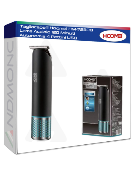 Tagliacapelli Hoomei HM-7230B Lame Acciaio 120 Minuti Autonomia 4 Pettini USB