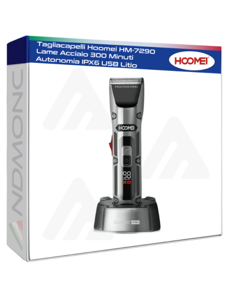 Tagliacapelli Hoomei HM-7290 Lame Acciaio 300 Minuti Autonomia IPX6 USB Litio
