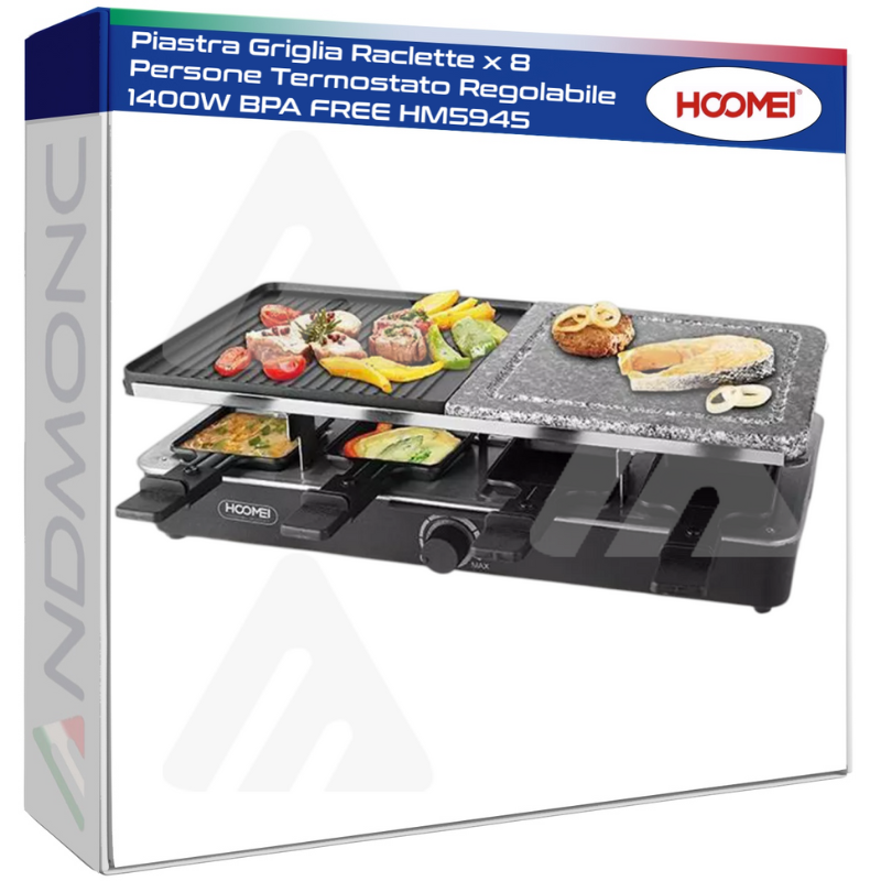 Piastra Griglia Raclette x 8 Persone Termostato Regolabile 1400W BPA FREE HM5945