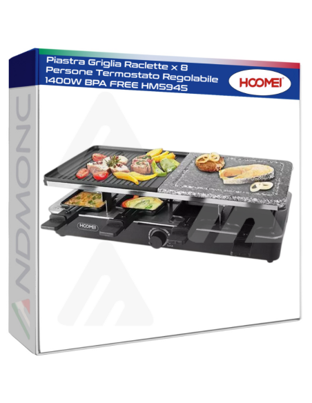 Piastra Griglia Raclette x 8 Persone Termostato Regolabile 1400W BPA FREE HM5945