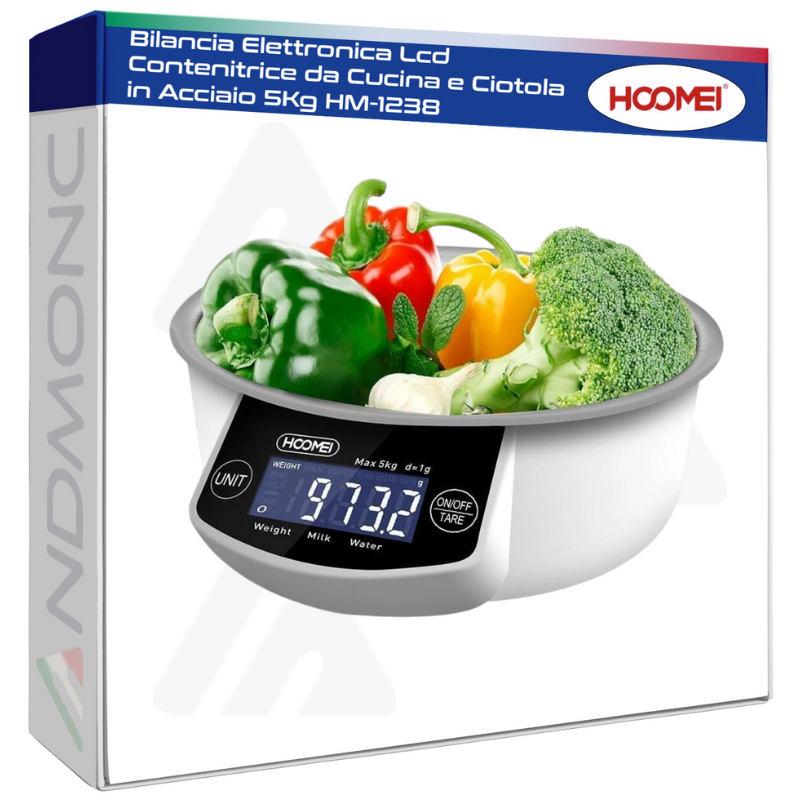 Bilancia Elettronica Lcd Contenitrice da Cucina e Ciotola in Acciaio 5Kg HM-1238