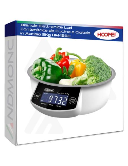Bilancia Elettronica Lcd Contenitrice da Cucina e Ciotola in Acciaio 5Kg HM-1238