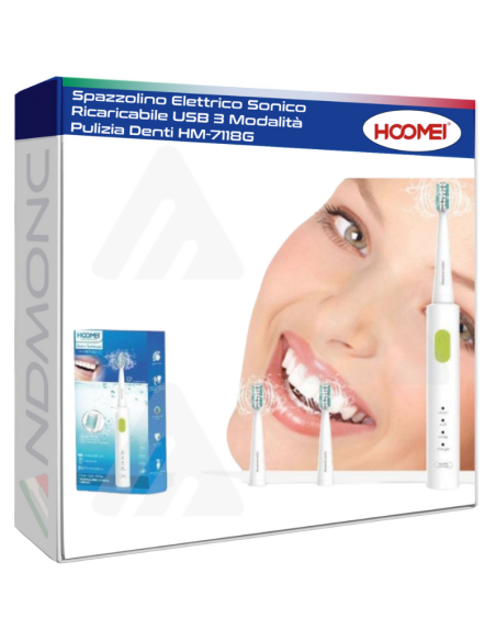 Spazzolino Elettrico Sonico Ricaricabile USB 3 Modalità Pulizia Denti HM-7118G