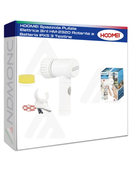 HOOMEI Spazzola Pulizia Elettrica 3in1 HM-2320 Rotante a Batteria IPX5 3 Testine