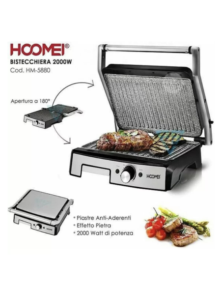 Piastra Elettrica 2000W Bistecchiera Regolabile con Termostato x Panini HM-5880