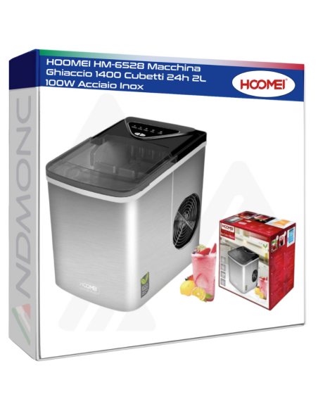 HOOMEI HM-6528 Macchina Ghiaccio 1400 Cubetti 24h 2L 100W Acciaio Inox