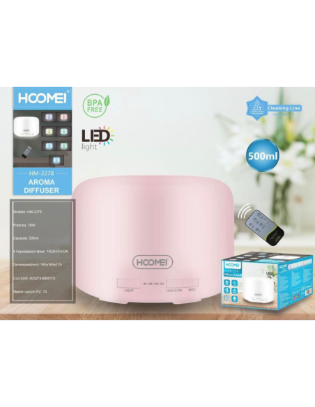 Diffusore Aromi HOOMEI HM-2278 500ml LED Timer Telecomando BPA Free Rosa