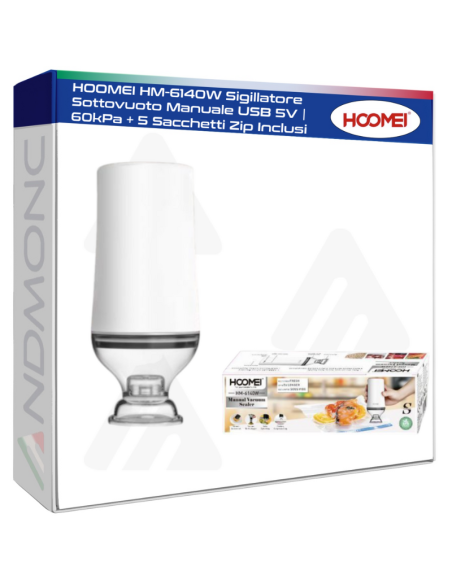 HOOMEI HM-6140W Sigillatore Sottovuoto Manuale USB 5V  60kPa + 5 Sacchetti Zip Inclusi