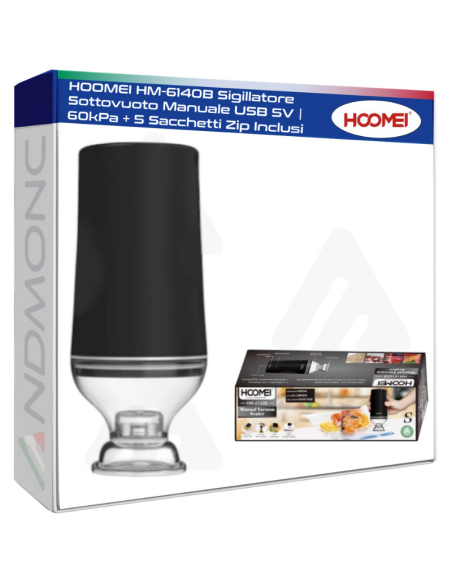 HOOMEI HM-6140B Sigillatore Sottovuoto Manuale USB 5V - 60kPa + 5 Sacchetti Zip Inclusi